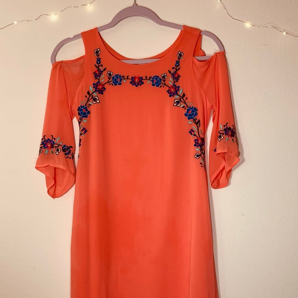 Pretty Orange Embroidered Floral Dress!